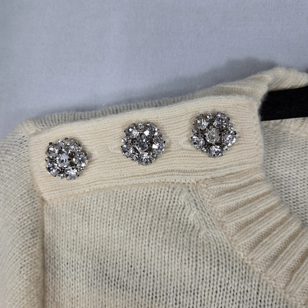 J. Crew Ivory Sweater Lambswool Blend Crew Neck Retro Rhinestone Trim Womens XS
